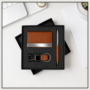 Brown Leather Card Holder, Metal Ball Pen & 3-in-1 Keychain Gift Set
